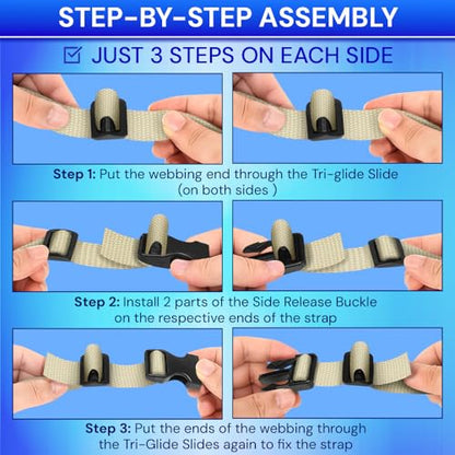 TECEUM 3/4" Nylon Strap Kit with Buckles, Cream 6 yards Repair Set | Heavy duty hardware kit: 6yd webbing, 6 quick release buckles, 12 tri-glide slide clips, 6 metal D-rings for crafting. - color: Cream, size: 3/4" - 6 yards, style: 6 Buckle - 12 Slides -