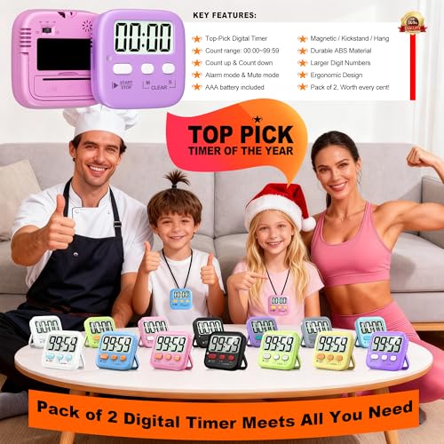 Antonki 2 Pack Digital Timer for Kids Classroom Kitchen Timers for Cooking | w/ Battery, Easy to View, Alarm, Mute Mode, Count Down/Up, Magnetic, Kickstand, Hanging, Classroom Timer for Teacher Supplies - color: 2 * Pink + Purple