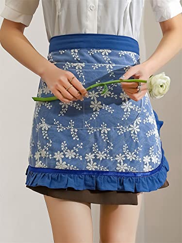 Unisex Chef Aprons White Retro Cotton Maid Short 2 Pockets Waist Waiter Waitress Half Apron - color: Blue-embroidered