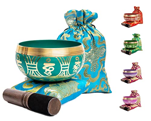 Tibetan Singing Bowl Set - Authentic Handcrafted Mindfulness Meditation Holistic Sound 7 Chakra Healing by Himalayan Bazaar (Turquoise) - color: Turquoise Blue