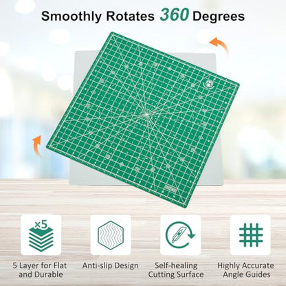 Headley Tools 12"x12" Rotating Cutting Mat, Self Healing Mat with 360-Degree Rotation & Anti-Slip Base, Sewing Board Cutting Mat Perfect for Fabric Quilting Leather Hobby Project, Green - color: Green, size: 12"L x 12"W