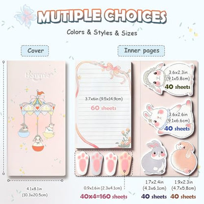 Hommie Cute Sticky Notes Set, Sticky Notes Set Planner Dividers, Easter Bunny Self-Stick Memo Pads with Animal Divider Tabs, Bundle Writing Designs for Office, School, Easter Party Supplies - color: Rabbit(pink Background)