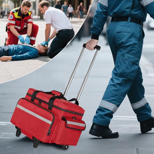 Trunab Rolling Medical Bag with Trolley & Dividers, Nurse Responder Tote - color: Red