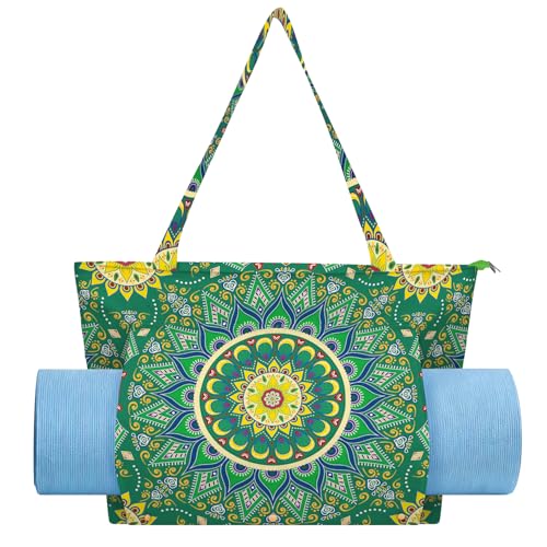 Mandala Yoga Mat Bag Large Yoga Bags and Carrier Fits All Your Stuff Yoga Tote Bags with Zipper Pocket Pilates Bag - color: Green