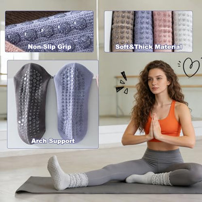 Pilates Grip Socks for Women, Non Slip Scrunch Yoga Socks for Home, Workout - color: 3pairs-black+lightgrey+purple