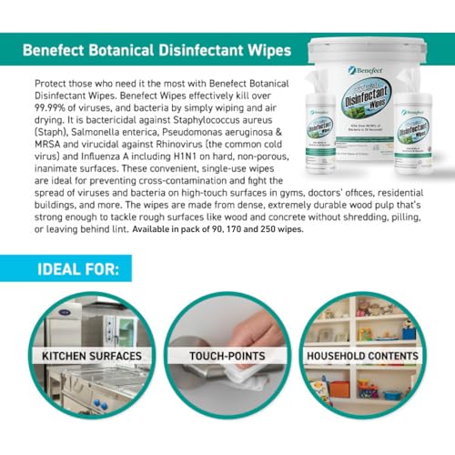 Benefect 식물성 소독 물티슈 - (170장) 천연, 잔여물 없음 - 항균 소독제, 다중 표면 세척 및 살균 물티슈 - size: 170 Count (Pack of 1)