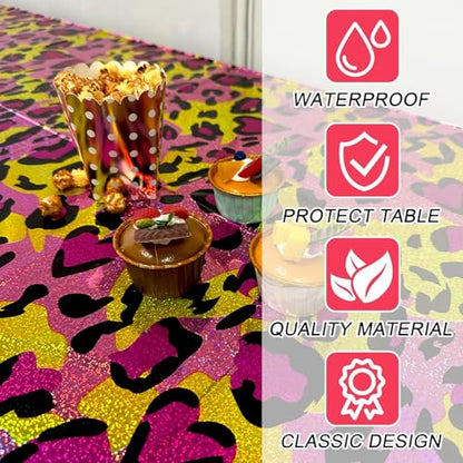 OQOQ Leopard Print Party Decorations Tablecloth (Pink and Gold, 4 Packs), 54x108inches Shimmer Shining Table Cloth Plastic Disposable Table Cover for Girl Sparkly Paint Splatter Cheetah Birthday Party