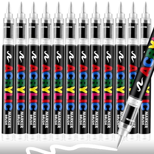 12 White Paint Pen, Brush Tip Acrylic Paint Markers | for Rock Painting, Wood, Glass, Ceramic, Canvas, Fabric, Stone, Decoration, DIY Crafts Kit Making, Art Supplies - color: 12 White