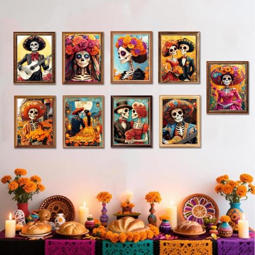 9 Piece Halloween Paint by Numbers Kit for Adults Canvas, Frameworkless | Easy Adult Paint by Number Kits on Canvas DIY 9 Piece Skull Painting for Beginners Art by Numbers for Home Wall Decor Gift - color: YH03483