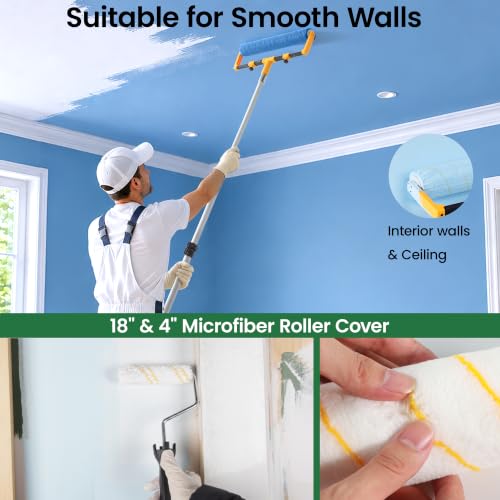 VOOMEY 18 Inch Paint Roller Kit, 1.34m Telescopic Pole for Home Painting | Microfiber & Nylon Covers, 59.5-134cm Pole, 7-in-1 Cleaning Tool for Fast, Even Wall and Ceiling Painting - size: 18 Inch paint roller kit(1.34m Telescopic Pole)