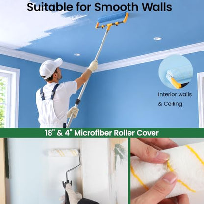 VOOMEY 18 Inch Paint Roller Kit, 1.34m Telescopic Pole for Home Painting | Microfiber & Nylon Covers, 59.5-134cm Pole, 7-in-1 Cleaning Tool for Fast, Even Wall and Ceiling Painting - size: 18 Inch paint roller kit(1.34m Telescopic Pole)