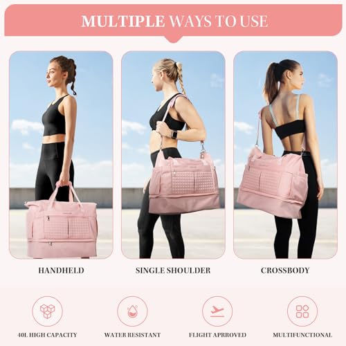 Maelstrom Gym Bag for Women,40L Travel Duffel Bag with Shoes Compartment and Wet Pocket,Waterproof Carry On Weekender Bag,Sport Gym Tote Bags Swimming Yoga, Hospital Holdalls（Pink) - color: Pink