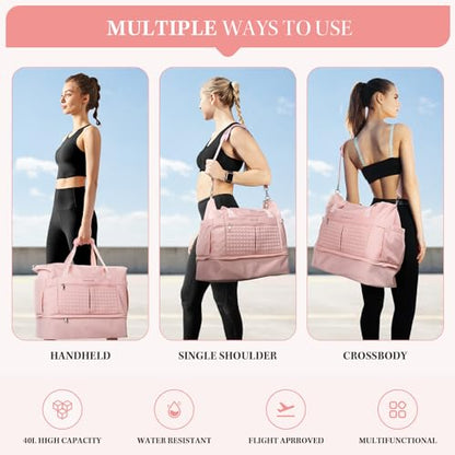 Maelstrom Gym Bag for Women,40L Travel Duffel Bag with Shoes Compartment and Wet Pocket,Waterproof Carry On Weekender Bag,Sport Gym Tote Bags Swimming Yoga, Hospital Holdalls（Pink) - color: Pink