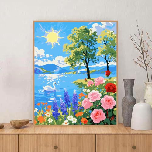 ZRIZQ Paint by Numbers Kit for Adults Beginner,Summer Landscape,16x20 | Full set with rich paints,wooden brushes,rolled canvas.Calming activity.Beginner friendly.Just open and paint. - color: 16"X20"Rolled Canvas-Summer Landscape