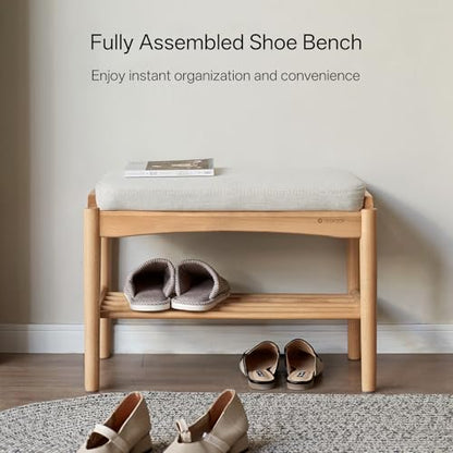 Oak Wood Shoe Bench, 24 Inch Entryway Bench with Light Gray Cushion - color: Natural + Light Gray Cushion, size: 23.62"