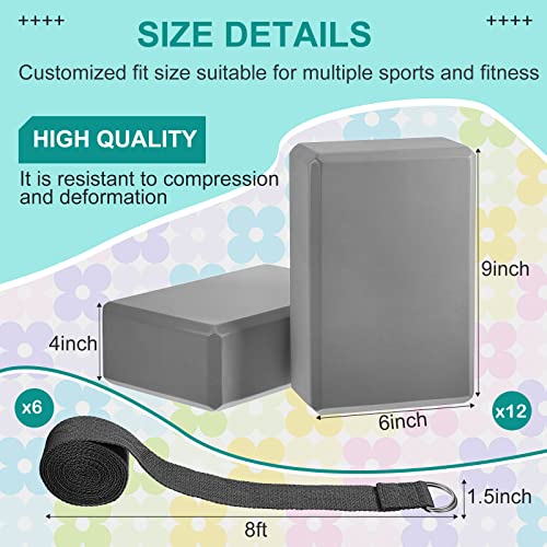 Meooeck 18 Pcs Yoga Blocks and Strap Set Include 12 EVA Foam Yoga Blocks Bulk 9"x6"x3" with 6 Adjustable 8 ft Straps D Ring Non Slip Props for Stretching Pilates Workout Studio Home Gym - color: Grey