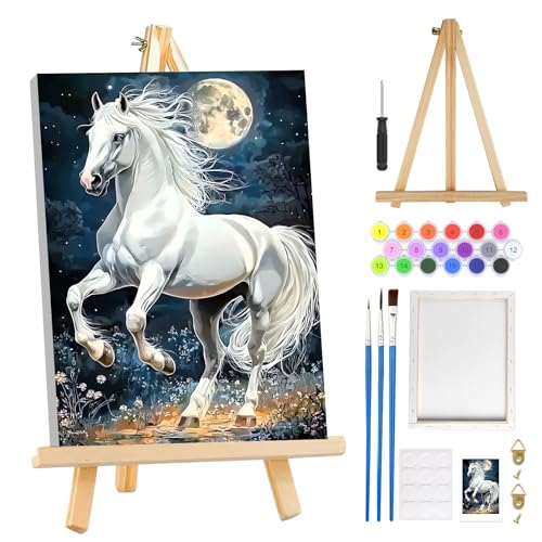 MOGTAA Horse Paint by Numbers Kit for Adults Beginners with Frame, Moon Landscape Adult Paint by Number Kits on Canvas with Easel, Easy DIY Oil Painting Kits for Home Decor, 8x12in - color: Horse