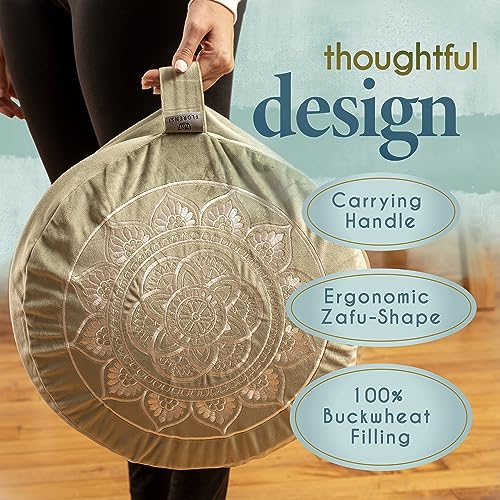 Florensi Meditation Cushion Velvet Floor Pillow with Buckwheat Fill - color: Sage Green