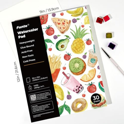 Funto Watercolor Paper Pads, 9x12, 30 Sheets, 140lb/300gsm, Cold Pressed, Acid-Free Heavyweight Art Paper for Painting, Drawing & Art Supplies - color: 9x12-White-1Pack
