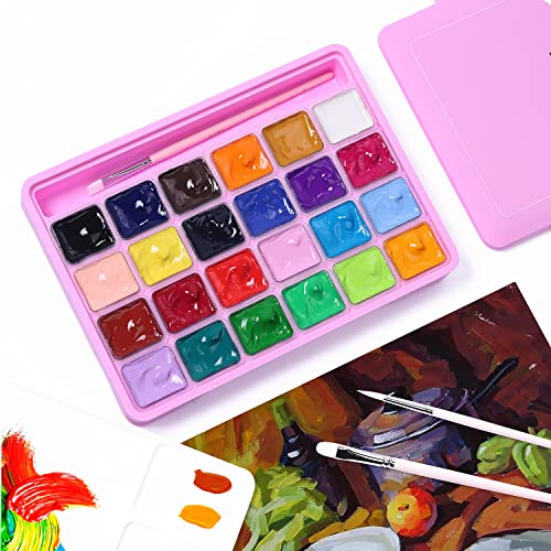 ARTME 24 Colors x 30ml Gouache Paint Set with 3 Paint Brushes and a Palette in a Carrying Case, Non-Toxic, Perfect for Artists, Students (Pink) - color: Pink
