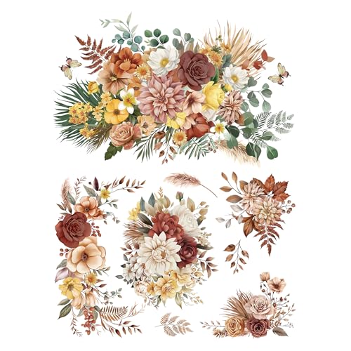 Joeyan Boho Flower Bouquets Rub On Transfers for Furniture and Crafts, 2 Large Flower Design Sheets 12''x18'', DIY Home Decal on Wood Glass Metal Canvas Porcelain Paper Plastic, Champagne Season - style: Boho Flower Bouquets