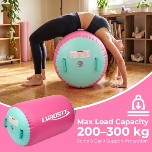 Gymnastics Air Barrel with Pump, Inflatable Back Handspring Trainer - color: Pink+Green, size: 3.3'L x 2'D