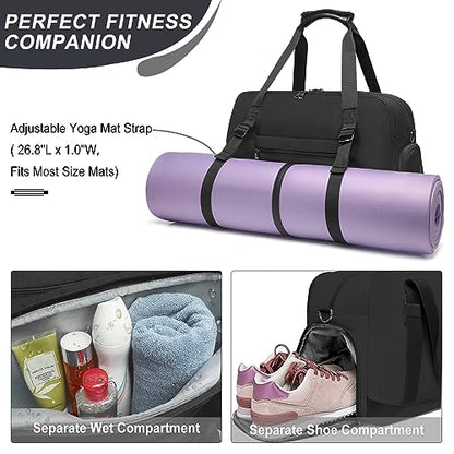 Sports Gym Bag for Women, Travel Duffle Bag with Shoe Compartment & Wet Pocket, Fitness Yoga Bag - color: Black