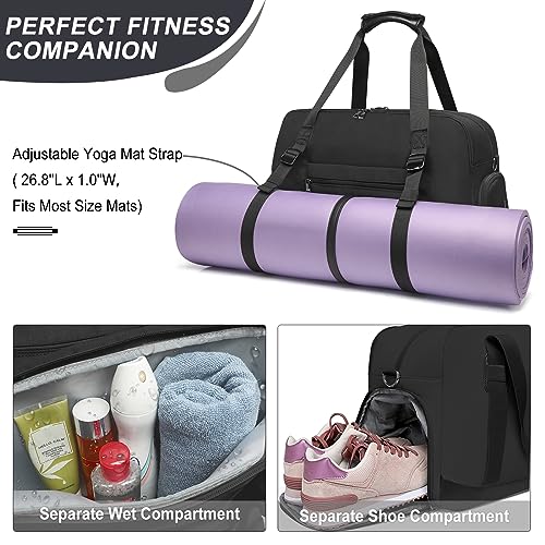 Sports Gym Bag for Women, Travel Duffle Bag with Shoe Compartment & Wet Pocket, Fitness Yoga Bag - color: Black