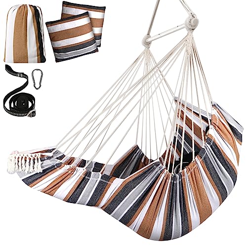 Chihee Hammock Chair Foot Rest 2 Cushions Max 485 lbs Metal Spreader Bar | Robust Hanging Chair Soft Cotton Blended Swing Collapsible Easy Storage Strong Strap Iron Carabiner Pocket Indoor Outdoor - color: Brown Stripes
