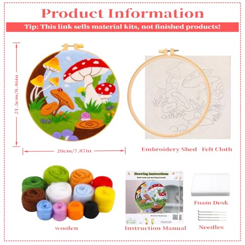 Wonafa Needle Felt Starter Set,Wool Needle Felt Starter Kit, Beginner Needle Felt Kit with Wool Felt Felt Needles, Photo Frame, Foam Mat, Felt Cloth and Instructions (Mushroom World) - color: Mushroom World