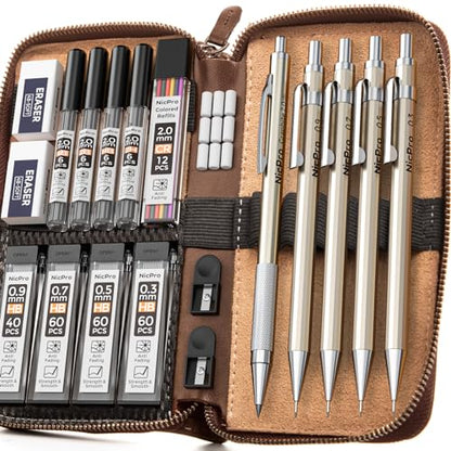 29PCS Metal Mechanical Pencil Set, Professional Drawing Kit in Leather Case | Mechanical Pencil Pack: 0.3 0.5 0.7 0.9 2mm Pencil Holder, (6B 4B 2B HB 2H 4H) Lead, Erasers, for Art Drafting Sketching - color: Gold, size: 1 Count (Pack of 5)