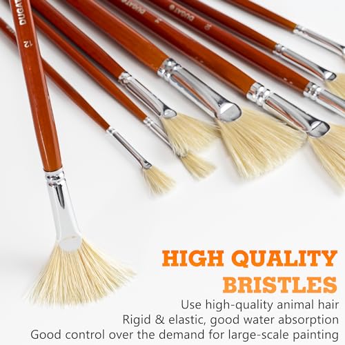 DUGATO Hog Hair Fan Paint Brush Set, 9-Piece Long Handle Brushes | Comfortable Wood Handle for Ceramic Pottery Glazing & Painting, Ideal for Acrylic & Oil, Smooth Blending & Texture Effects - size: 9pcs Fan Brushes