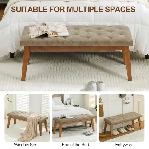 43.5" Button Tufted Faux Leather End of Bed Entryway Bench, Light Taupe - color: Light Taupe-pu-tufted