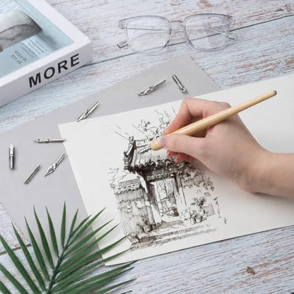 Styquenzer Dip Pen Nibs with Wooden Drawing Pens Holder 10 Pcs | Calligraphy Dip Pen Nibs Holders with Stainless Steel Nib Dip-Pens for Writing, Painting, Signing
