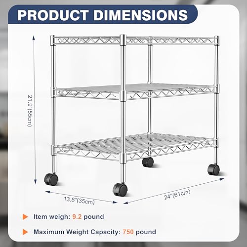 3-Tier Wire Shelf Rack,Kitchen Metal 3-Shelves Rack with Lockable Wheels - size: 3-Tier,24"x14"x22"(WxDxH)