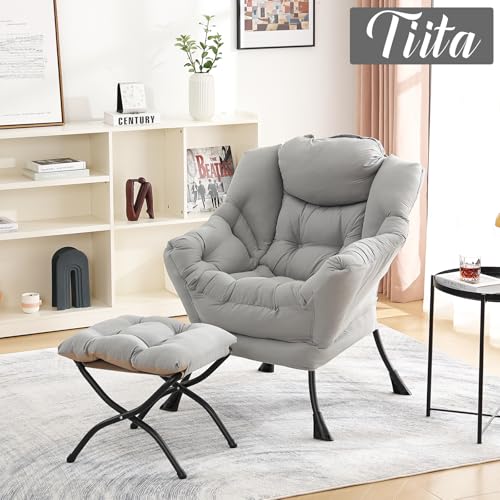 Tiita Lazy Chair with Ottoman, Comfy Reading Accent Chair, Light Grey - color: Peach Skin Light Grey