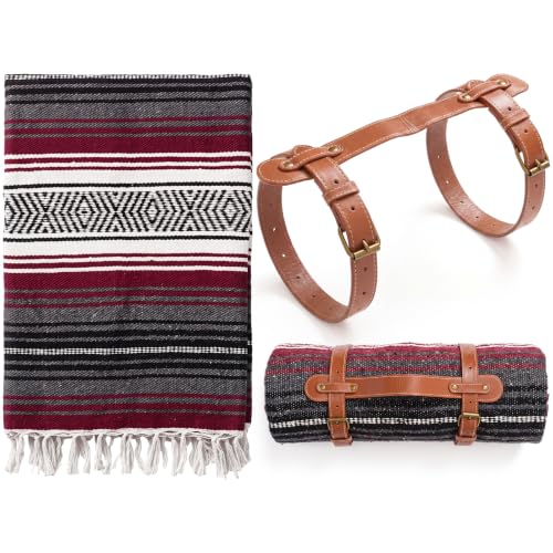 Mexican Indian Blanket Outdoor Mexican Throw Baja Saddle Blanket for Yoga, Beach, Camping, Picnic, Car Truck with Outdoor Portable and Genuine Leather Carry Strap