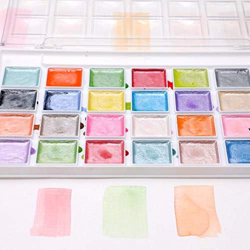 Artecho 28 Metallic Watercolor Paint Set | Glitter Colors, Semi-Moist Pearlescent Watercolor, Non-Toxic, for Beginners & Artists