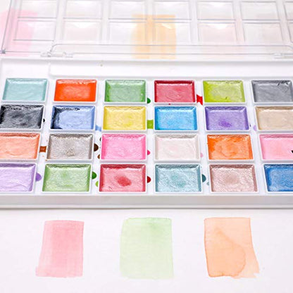 Artecho 28 Metallic Watercolor Paint Set | Glitter Colors, Semi-Moist Pearlescent Watercolor, Non-Toxic, for Beginners & Artists