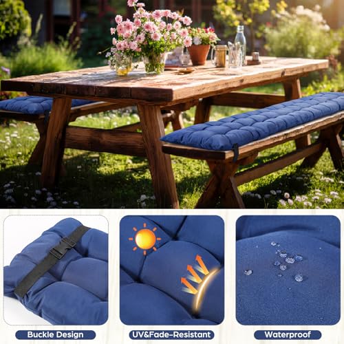 BreezeHug 2 Pcs Picnic Bench Cushion 6' Waterproof Outdoor Picnic Table Seat Cushion with Durable Straps and Buckles, 72" (6ft) x 10" x 3" Tufted Fade Resistant, Folding & Easy to Carry(Navy Blue) - color: Navy Blue, size: 72 x 10 x 3 inches