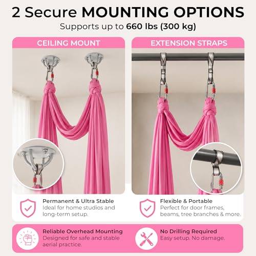 LOTUS78 Aerial Yoga Hammock 5.5 Yards (198 Inches) – Premium Aerial Silk Swing for Antigravity Fitness, Inversion Therapy, Strength & Flexibility | Purple | Yoga Trapeze for Home & Studio - color: Pink