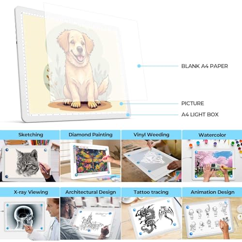 Heanolier A3 Artist tracing Light Box Copy Table,(18.2" L x 13.4" W) Super Bright Magnetic Light Pad with Side Buttons,USB-C Power Dimmerable Light Board for Diamond Painting,Drawing,Sketching(White) - color: White, size: A3 without Bag
