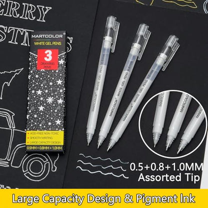 MARTCOLOR White Gel Pens, 3 Pack, 0.5mm, 0.8mm, 1.0mm White Gel Ink Pens | Opaque Archival Ink Pen for Black Paper Drawing, Art Highlight, Illustration, Bullet Journaling, Card Making & DIY Projects - style: White - 0.5+0.8+1.0mm
