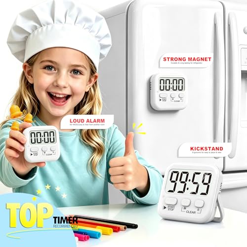 Antonki 2 Pack Digital Timer for Kids Classroom Kitchen Timers for Cooking | w/ Battery, Easy to View, Alarm, Mute Mode, Count Down/Up, Magnetic, Kickstand, Hanging, Classroom Timer for Teacher Supplies - color: Pure White *2