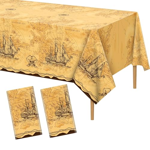 Kochorie 2 Pieces Pirate Party Tablecloth Treasure Map Tablecover Nautical Adventure Plastic Tablecloth Navigation Supplies for Treasure Theme Birthday Party Decorations - style: Pirate