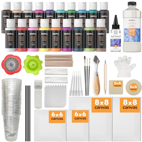 Nicpro Acrylic Pouring Kit, Artist Starter Supplies Including 19 Colors | Acrylic Paints,Pouring Medium, Silicone Oil, Canvases, Gloves, Strainers, Mixing Stick, Instructions for Flow DIY Painting