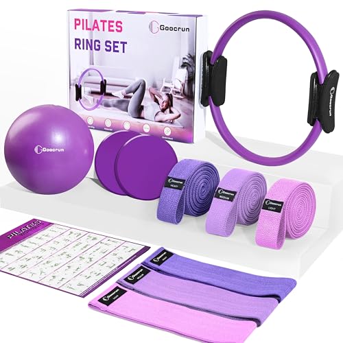 Goocrun Pilates Ring Set Exercise Equipment, with Exercise Resistance Bands Set, Pilates Ball, Sliding Disks. Portable Home Gym - with Fitness Guide Poster - color: Purple, size: Mid-level
