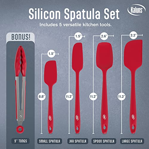 Kaluns Silicone Spatula Set, 4 Rubber Spatulas 600°F Heat Resistant, Nonstick Seamless Design with Stainless Steel Core, Dishwasher Safe, BPA free, Bonus Tongs Included - color: 4 Pcs + Tongs Red