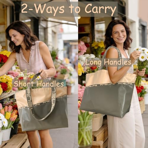 Large Foldable Waterproof Tote Bag, Heavy Duty for Beach & Swim - color: Beige/Olive