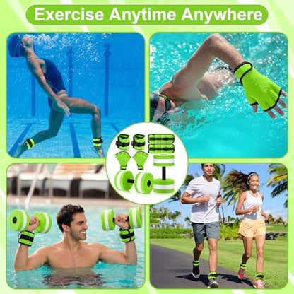 Hollowfly 6 Pcs Water Aerobics Equipment Set Full Body Pool Exercise Kit, 2 Aqua Dumbbells, 2 Adjustable Ankle/Wrist Weights, 2 Webbed Swim Gloves, Low Impact Aquatic Workout Gear - color: Green, size: 2.5lb